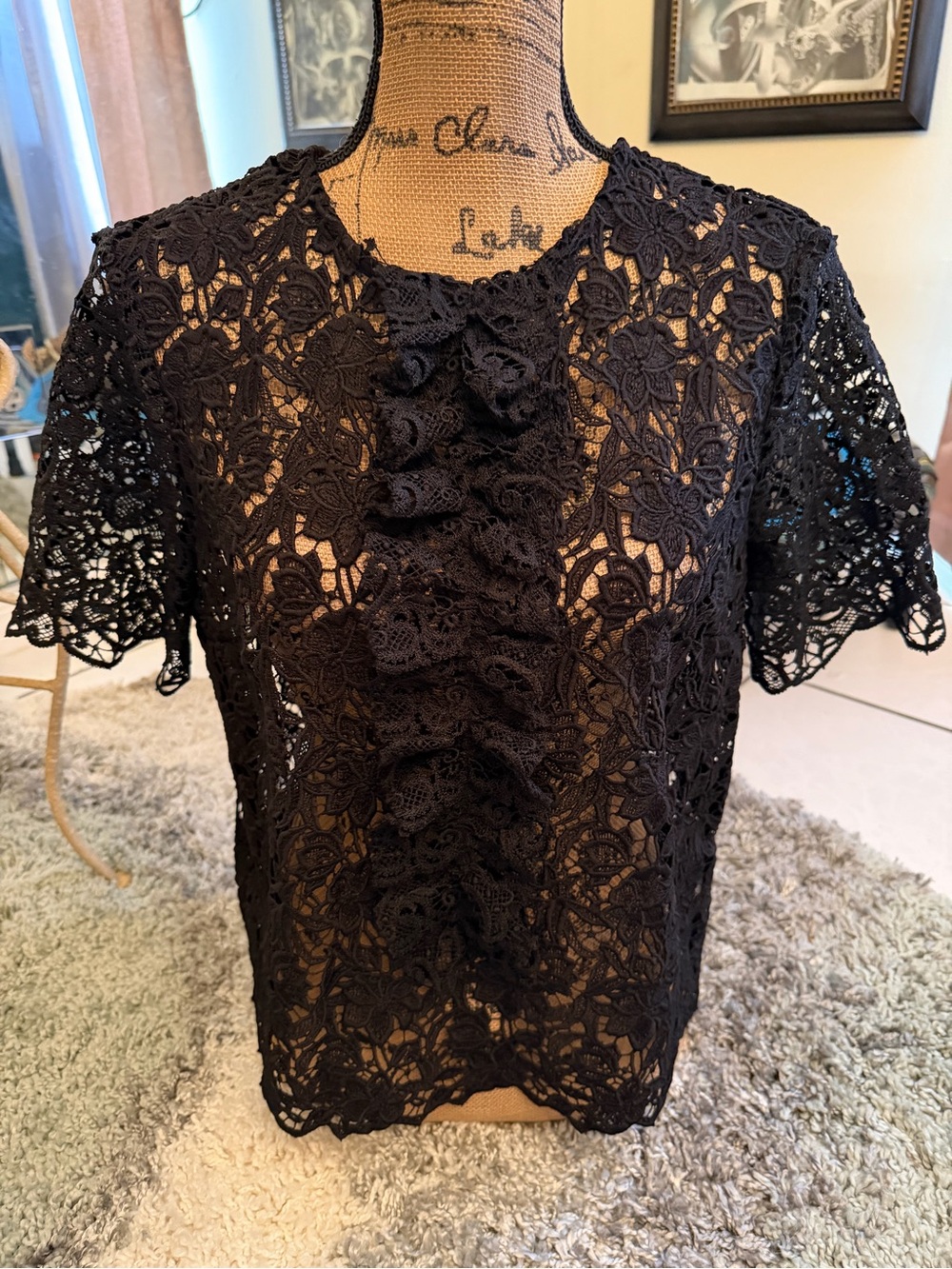 Zara Black Crochet Lace Ruffle Front Blouse